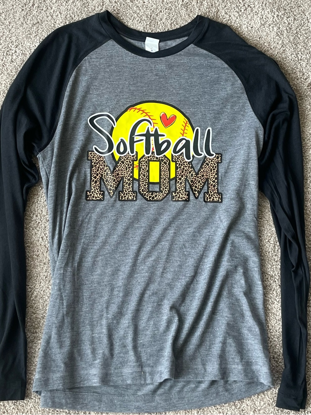 Softball Mom Long-Sleeve Raglan Tee - Gray & Black. Brand new size small